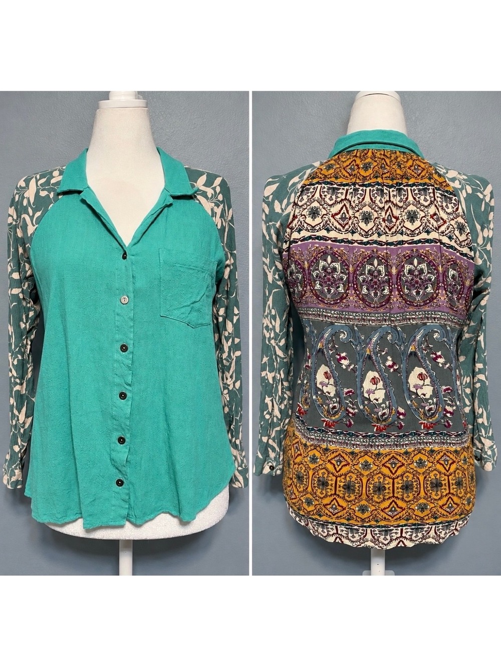 Umgee Turquoise Linen Blend Button Down Tunic Floral Paisley Lagenlook Large - Picture 2 of 8
